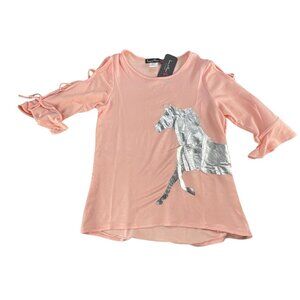 Love Alexa Top Girls Size XL Unicorn Print Top Pink Silver Bow Sleeve Casual